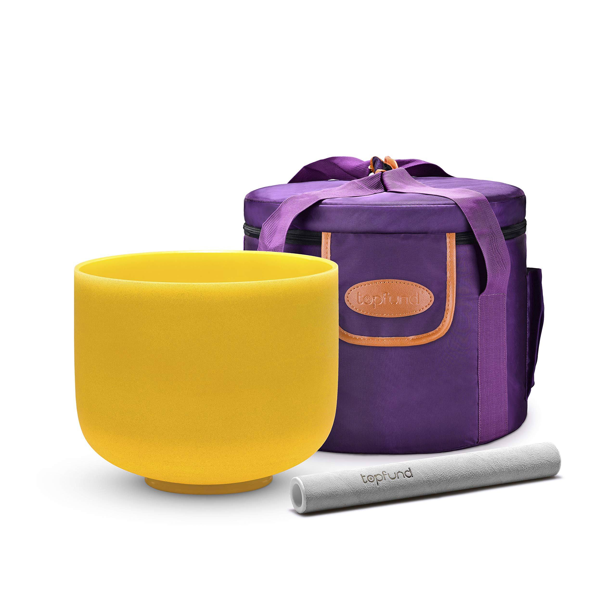 TOPFUND 432Hz E Note Yellow Crystal Singing Bowl Solar Plexus Chakra with Artificial Leather Carrying Case and Singing Bowl Mallet Suede Strikers - TOPFUND Crystal Singing Bowl